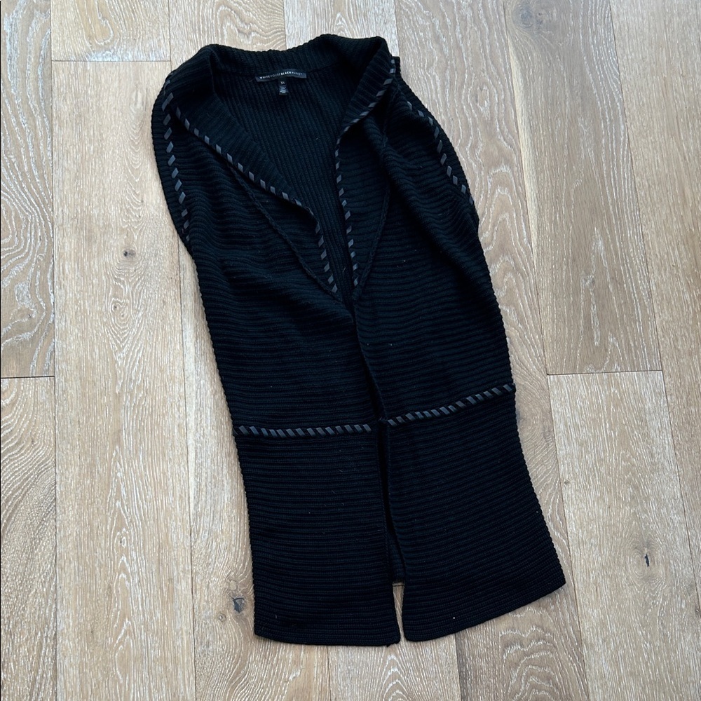 White House Black Marker Sleeveless Sweater Cardigan Faux Leather Trim